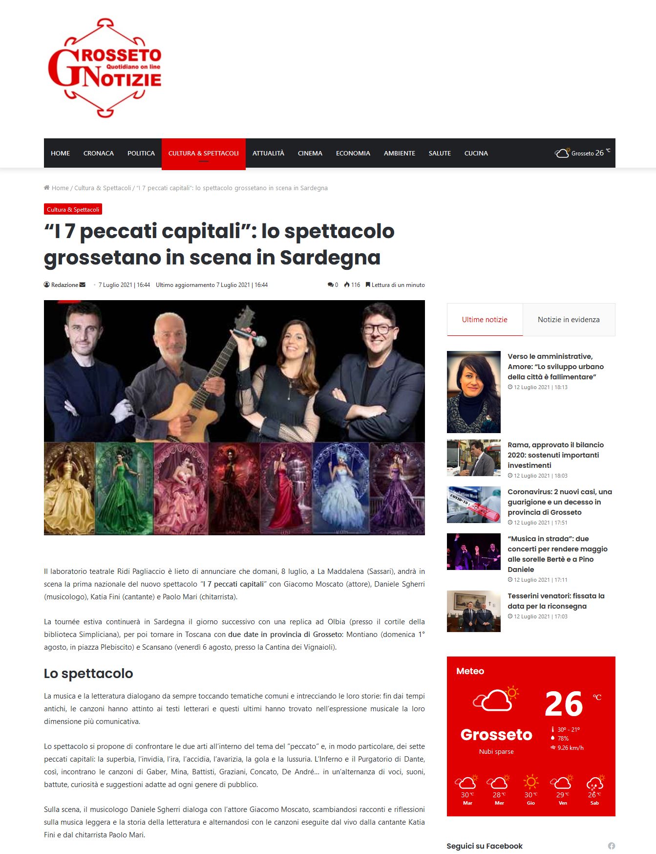 “I 7 Peccati Capitali”: lo spettacolo grossetanto in scena in Sardegna.
