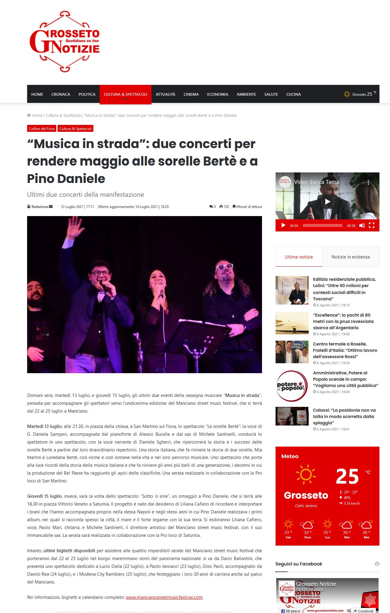“Musica in strada”: due concerti per rendere omaggio alle sorelle Bertè e a Pino Daniele