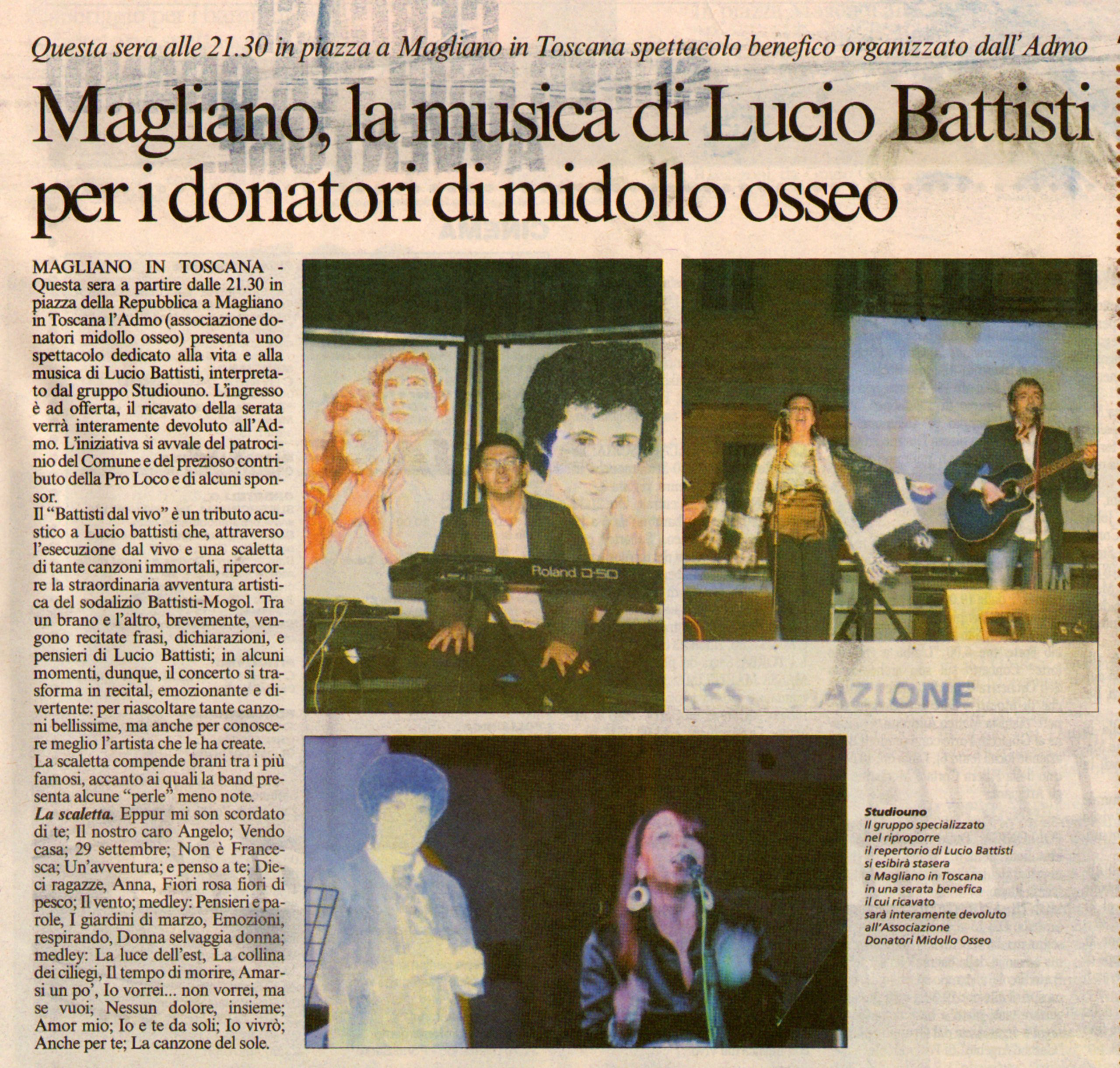 Magliano, la musica di Lucio Battisti per i donatori di midollo osseo.