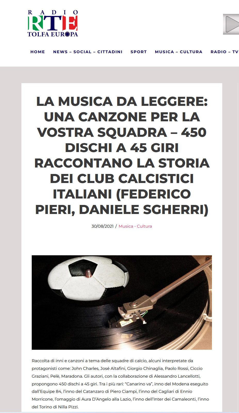 La musica da leggere: Una canzone per la Vostra Squadra – 450 dischi a 45 giri raccontano la storia del club calcistici italiani (Federico Pieri e Daniele Sgherri)